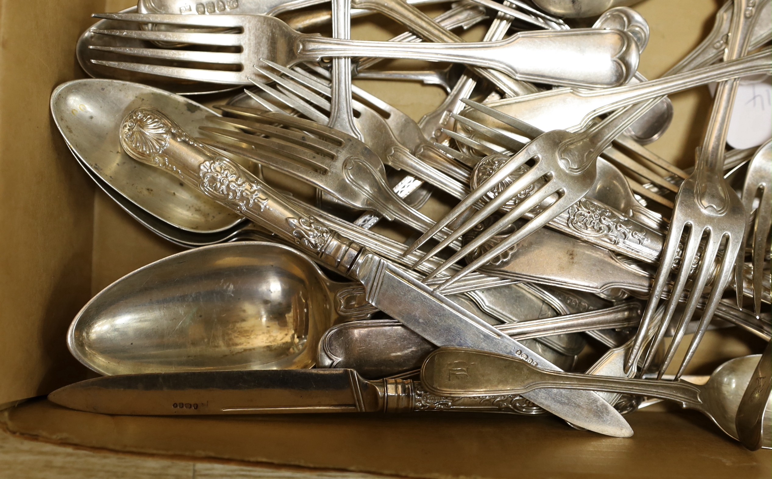 A quantity of assorted mainly 19th century and later silver flatware including ten items of fiddle and thread by Richard Crossley, London, 1801 and a plated teaspoon, weighable silver 72 oz.